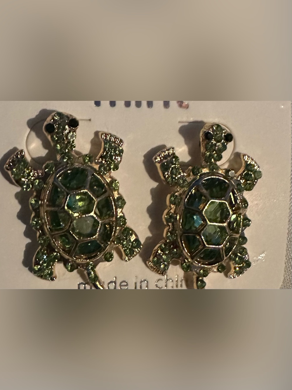 Gold Tone Turtle Stud Earrings with Green Crystals